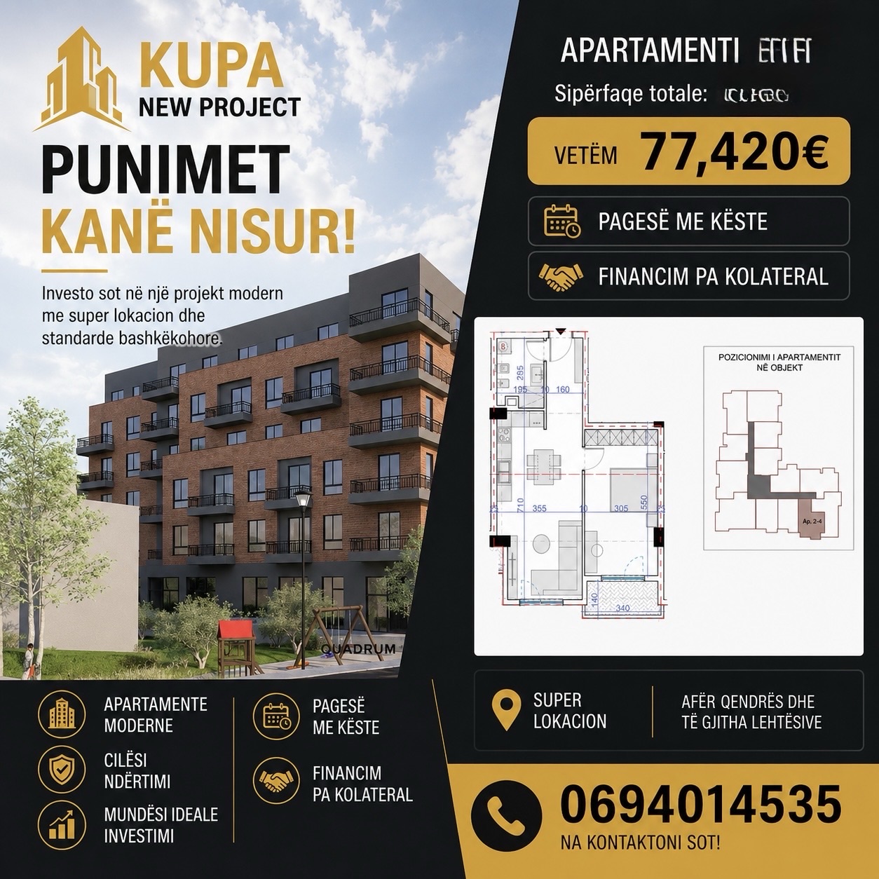 🏡 Apartament 1+1 për shitje – KUPA NEW PROJECT, Paskuqan